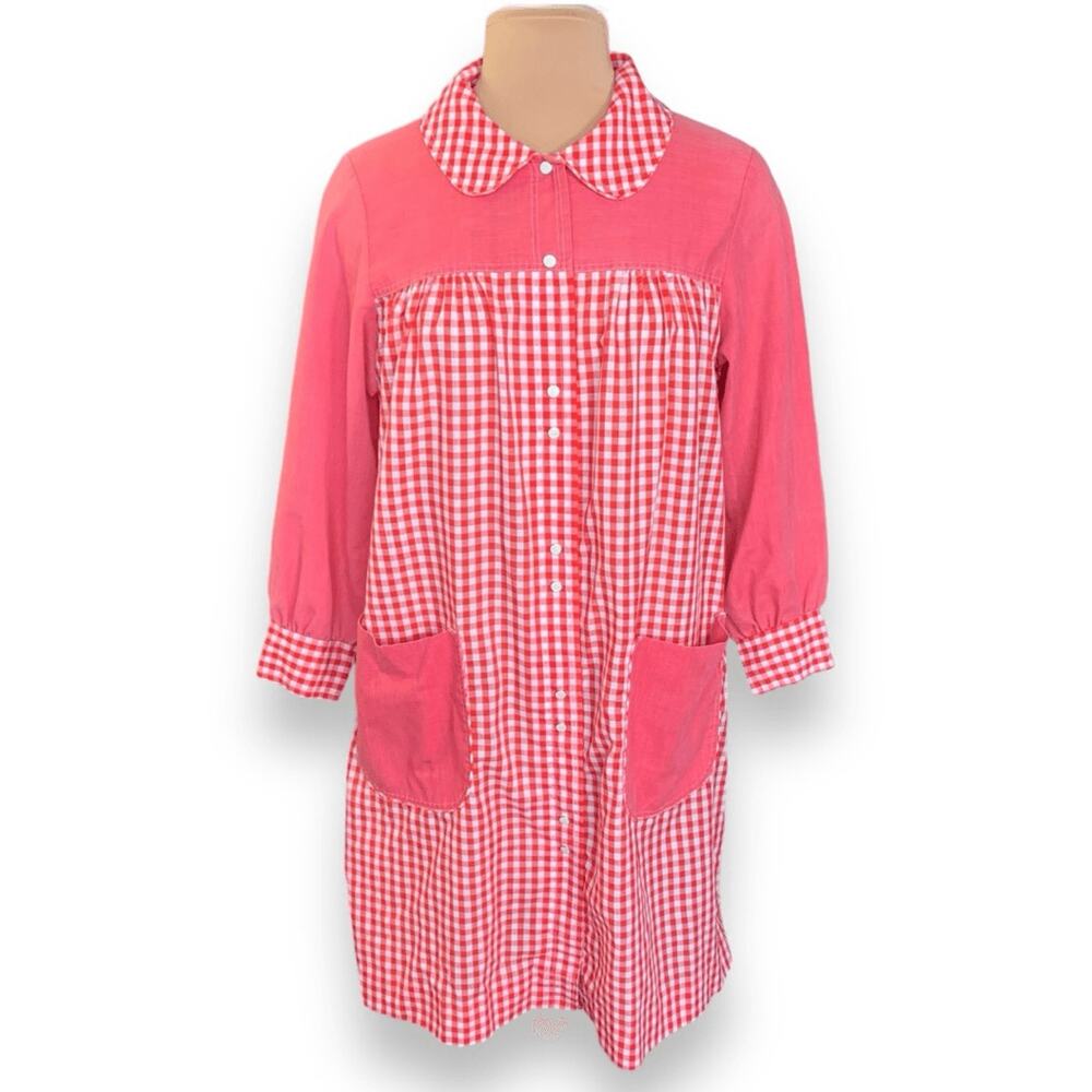 Vintage Red Gingham Smock Dress Peter Pan Collar Pockets Picnic Cottage Midi